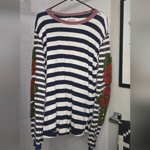 We The Free Striped Long Sleeve Shirt with Floral Elbow Patches